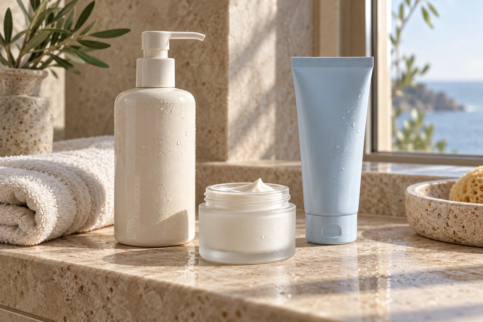 Three plain skincare containers and a cotton towel on a sunlit bathroom ledge