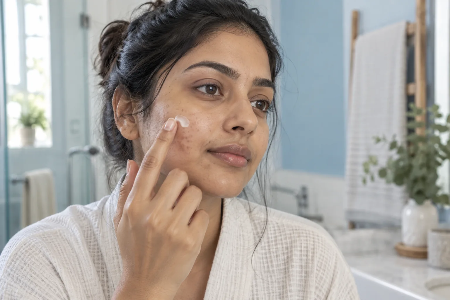 A woman with natural skin texture gently applying cream to her cheek
