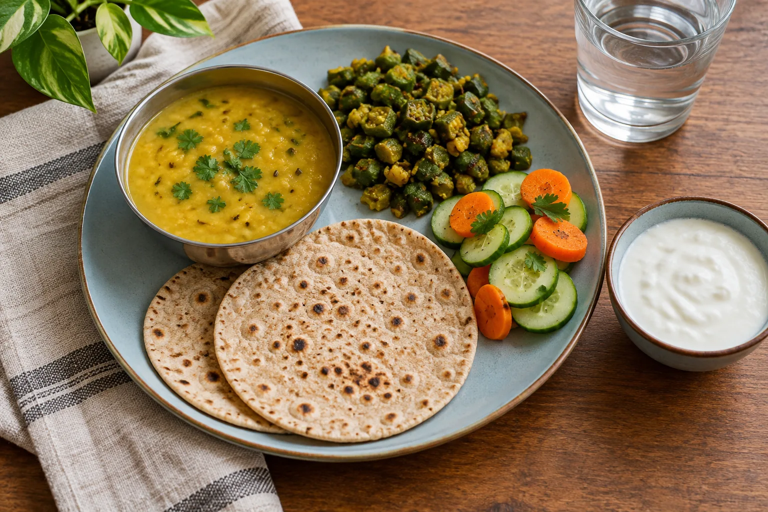 A homemade Indian lunch with roti, dal, vegetables, salad and curd