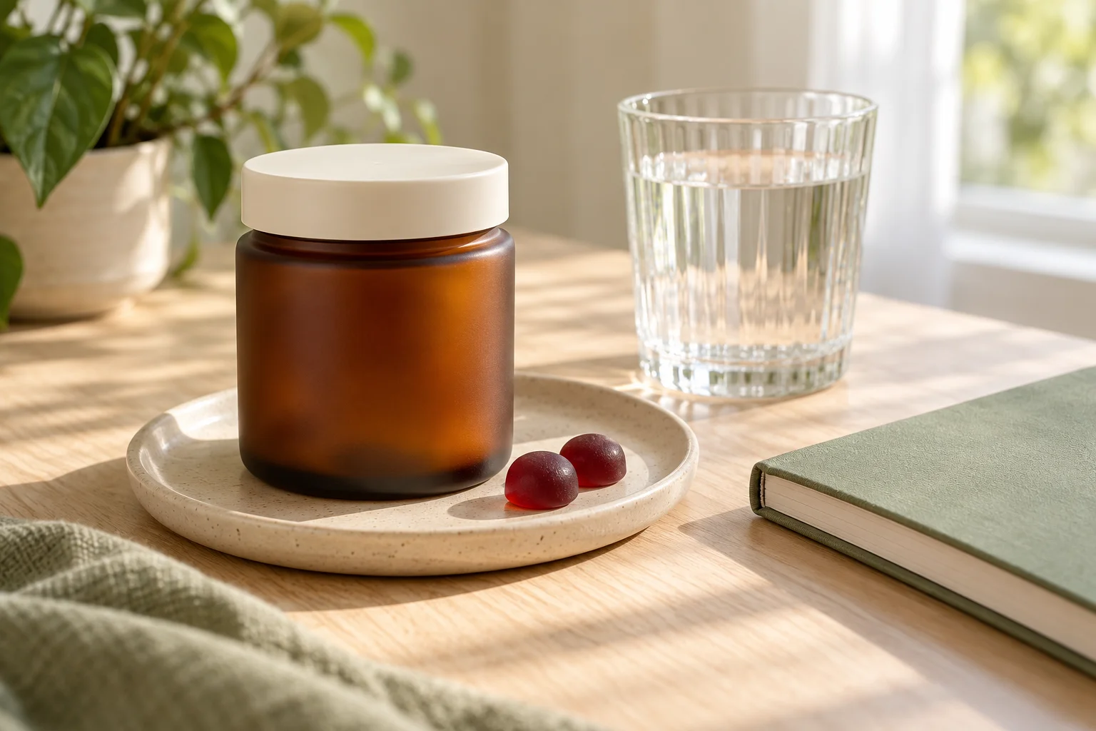 Illustrative unlabelled amber jar with two berry-coloured gummies, water and a closed notebook