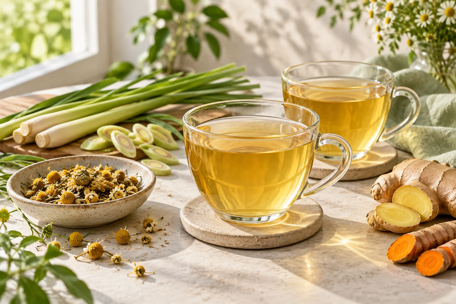 Illustrative herbal tea cups with chamomile, lemongrass, ginger and turmeric on a pale table