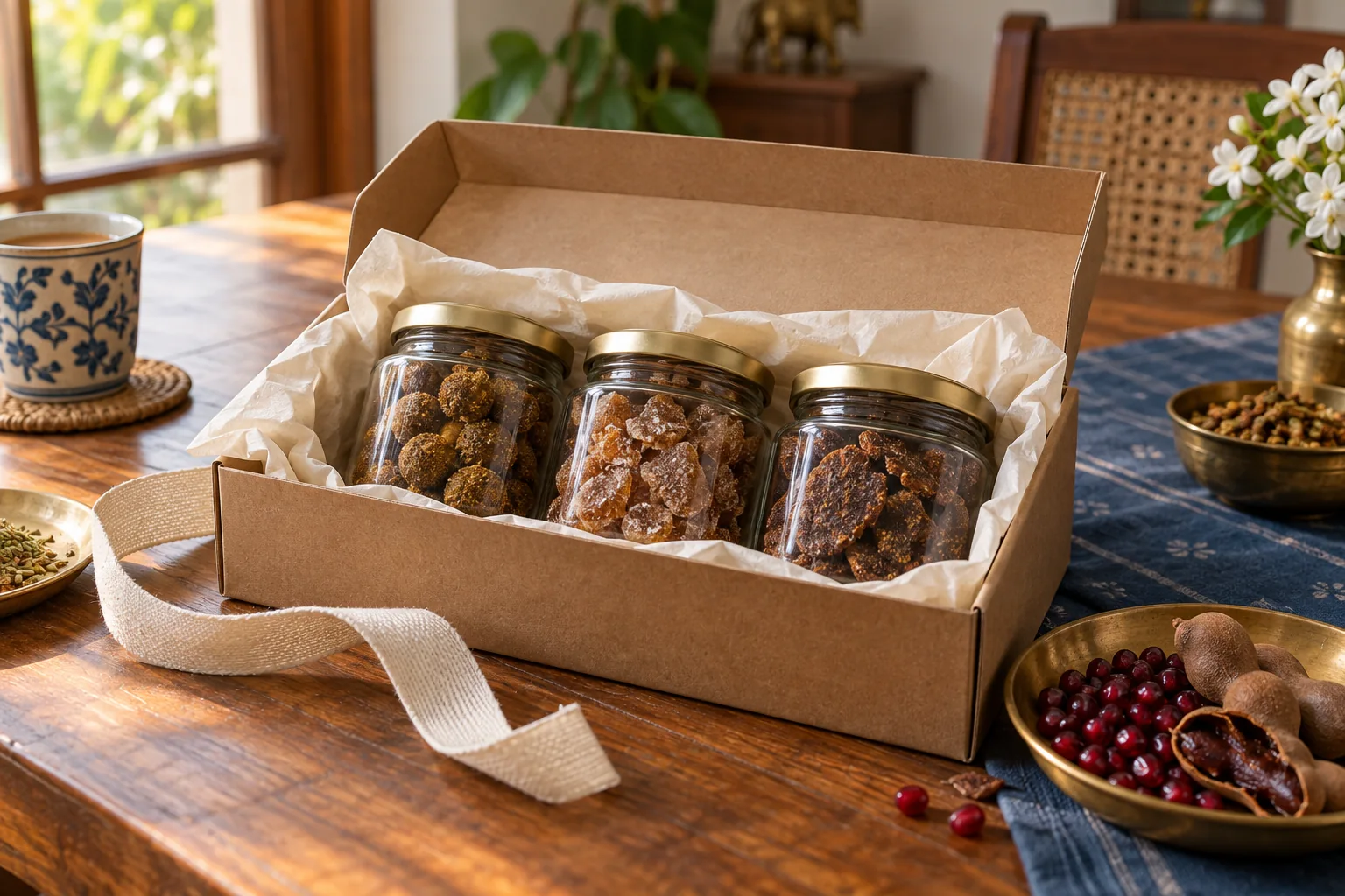 An illustrative gift box with unlabelled jars of traditional Indian spice candies