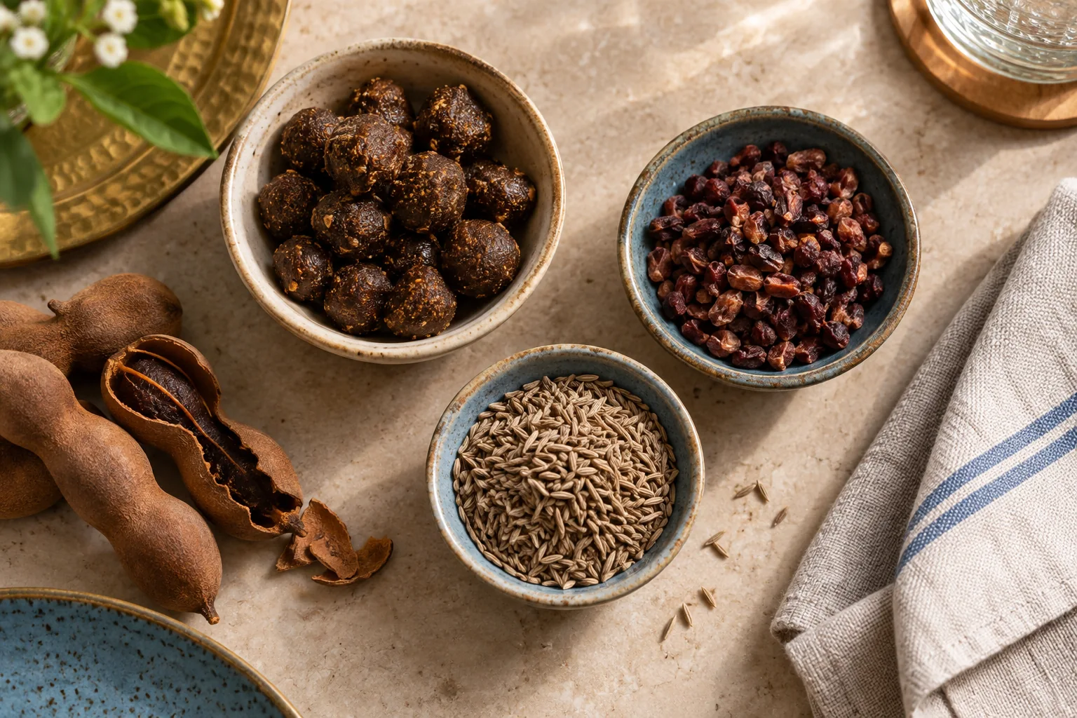 Small bowls of spice candies, dried pomegranate seeds and cumin on a dining table