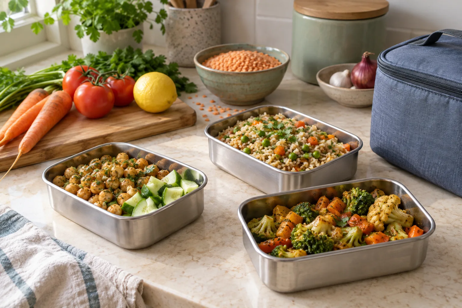 Reusable lunch containers with chickpeas, rice and vegetables on a kitchen counter