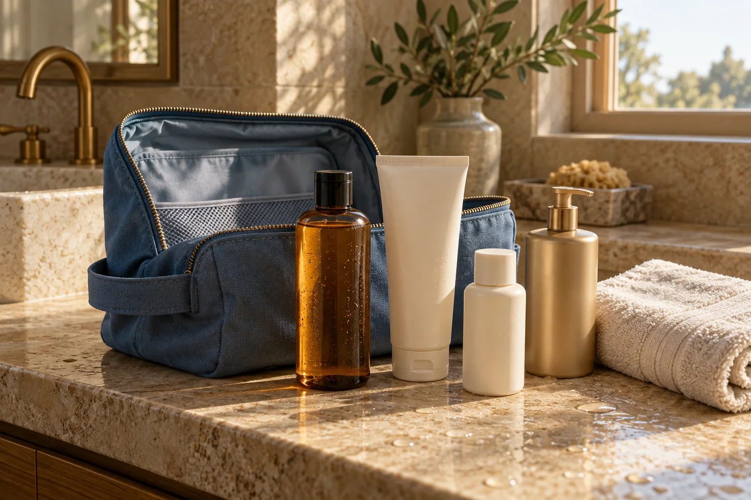 An open blue wash bag with four plain personal-care containers and a cotton towel