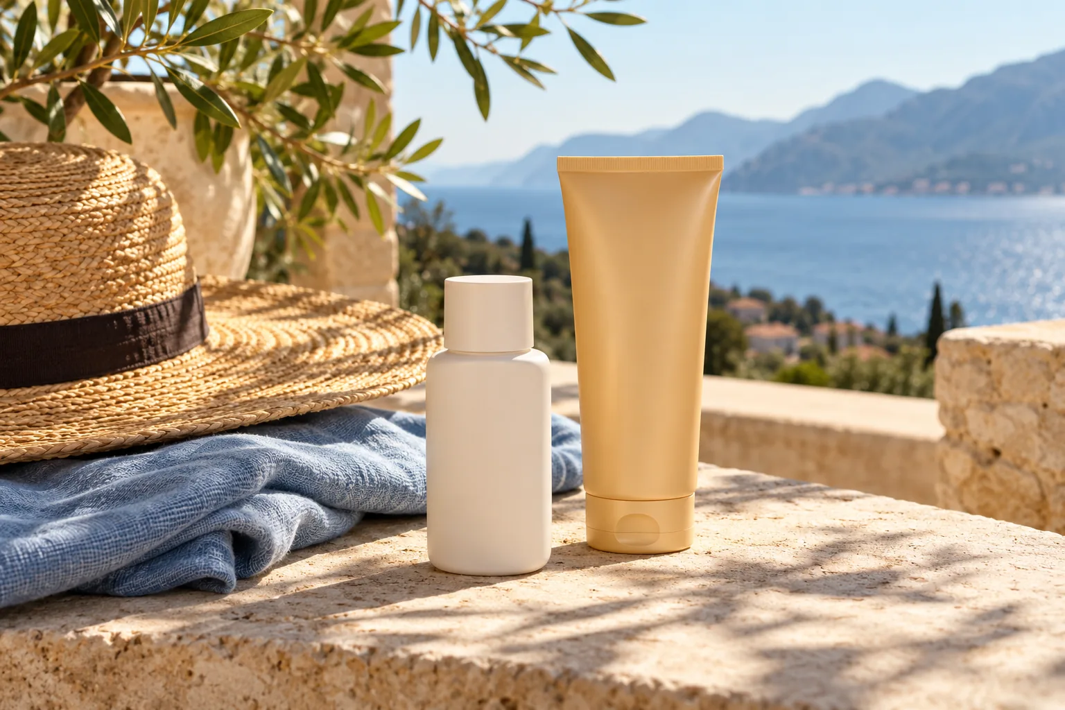 Plain sunscreen and lotion containers beside a sun hat and blue cloth on a sunlit terrace