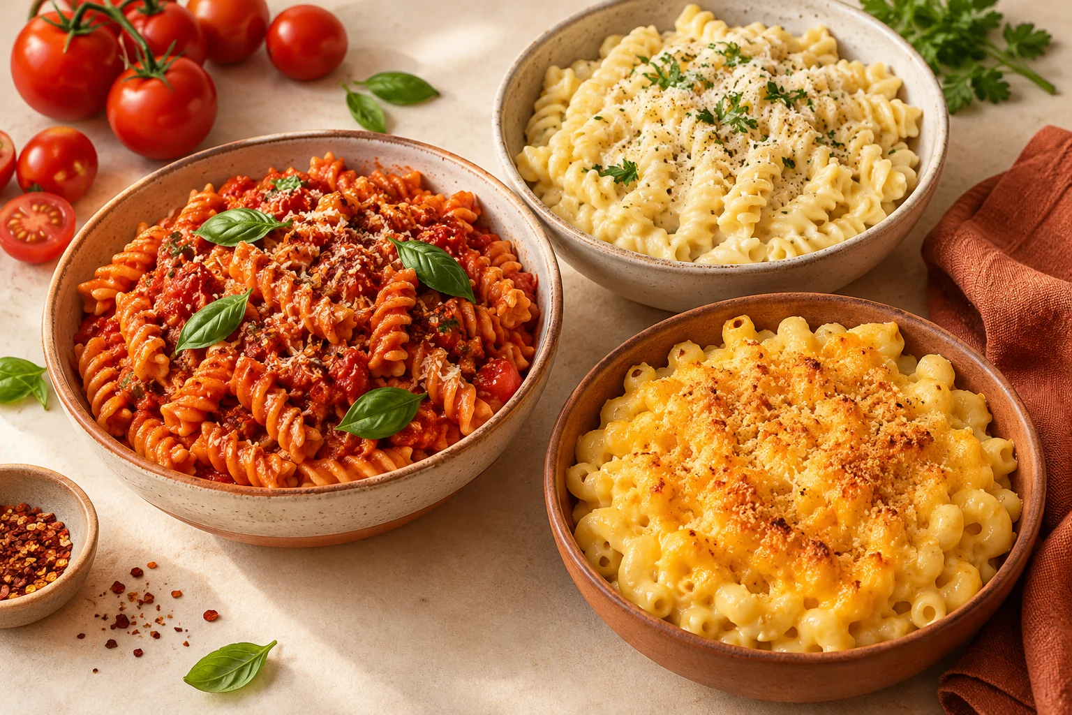 Illustrative bowls of tomato fusilli, creamy Alfredo fusilli and golden macaroni cheese