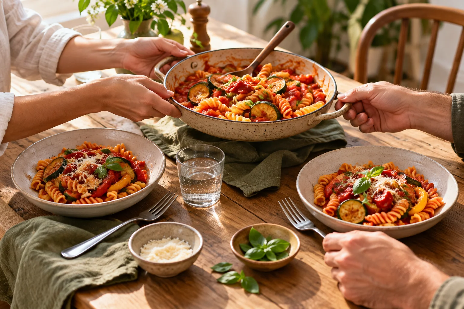 Two adults sharing a pan of tomato fusilli with vegetables at a sunlit table