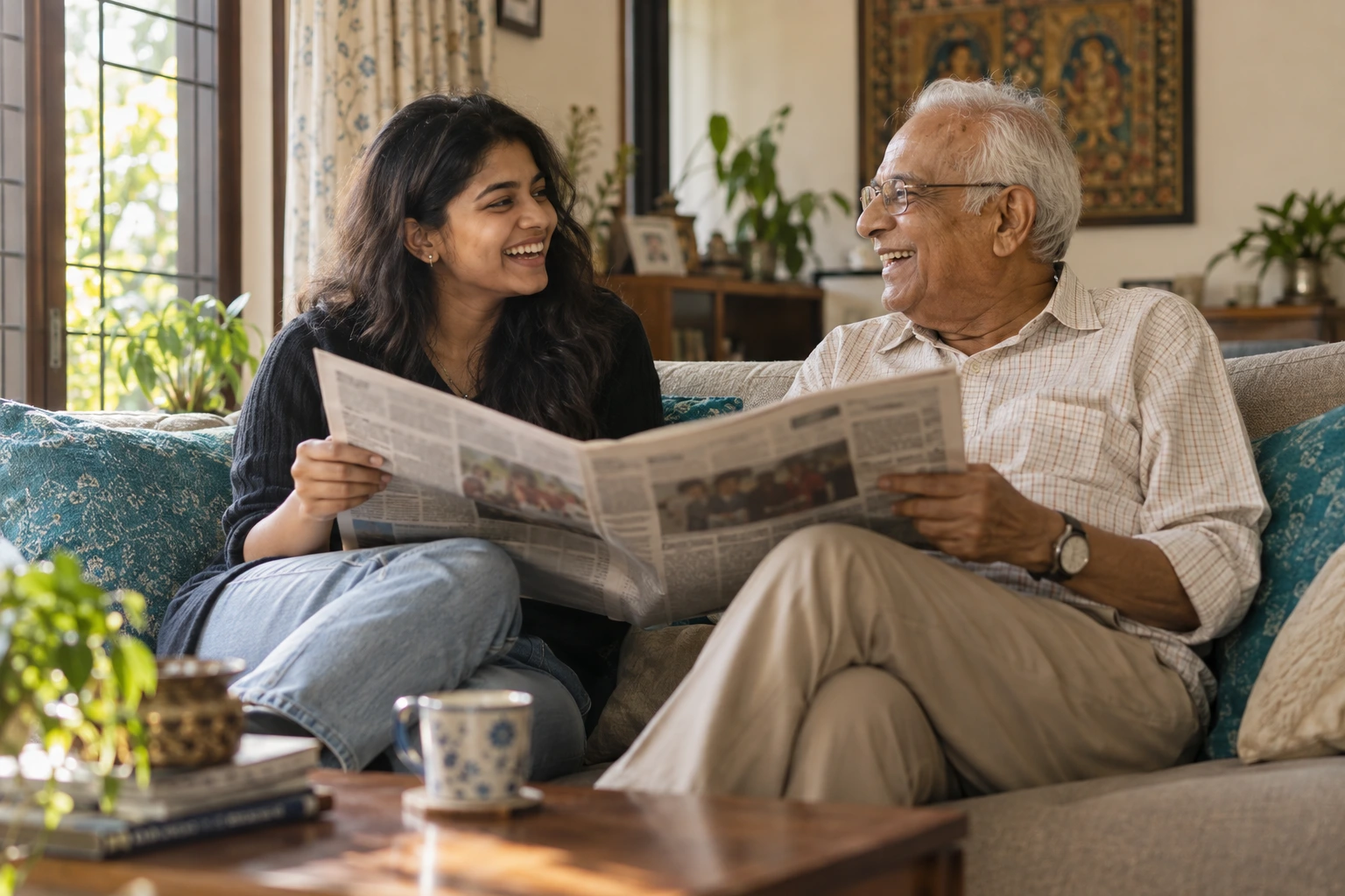 A young woman and an older man sharing a laugh while reading a newspaper together